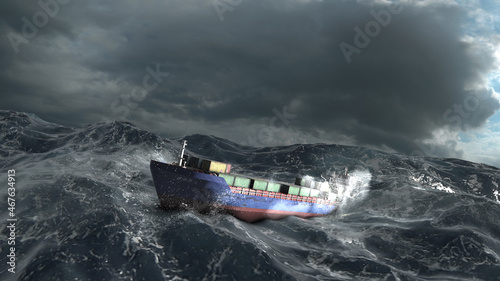 Cargo Ship with containers in stormy ocean,aerial view
Sailing cargo ship swinging on stormy sea waves, Rough ocean high altitude 
