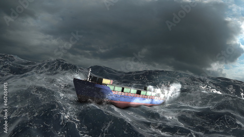 Cargo Ship with containers in stormy ocean,aerial view Sailing cargo ship swinging on stormy sea waves, Rough ocean high altitude   © ImageBank4U