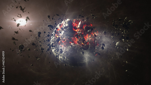 Dead planet with hot lava magma and asteroids Cinematic view of destroyed death star after meteor asteroids impact 