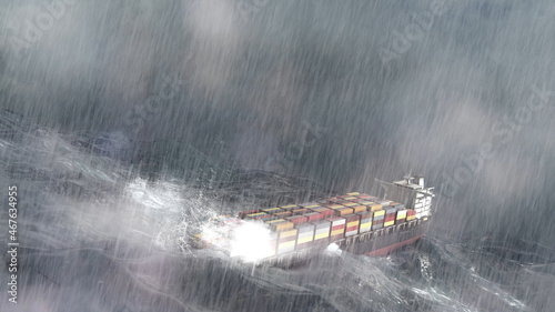 Large Cargo Ship with containers in stormy ocean,aerial
Sailing ship swinging on stormy sea waves, Rough ocean with rain and thunderstorm
