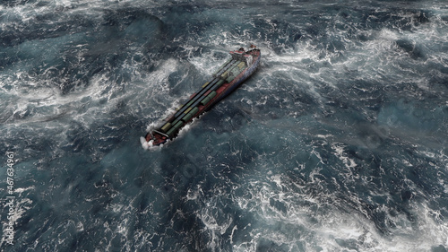 Cargo Ship with containers in stormy ocean,aerial view
Sailing cargo ship swinging on stormy sea waves, Rough ocean high altitude 

