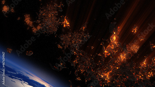 Large Aseroids Meteors burning in earth atmosphere Cinematic outer space view of massive asteroids chunks entering Earth 