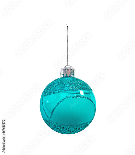Hanging christmas bauble, turquoise ball, isolated on white background
