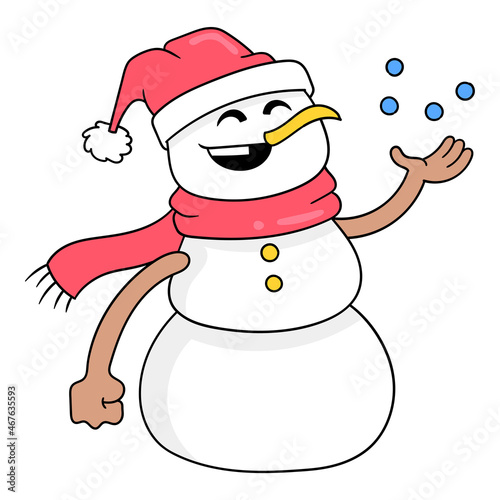 snowman wearing a scarf is happily welcoming winter, doodle icon image kawaii