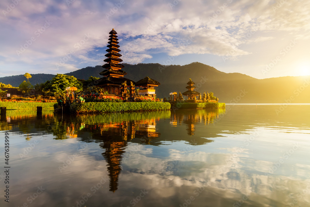 Pura Ulun Danu Bratan temple in Bali island. Hindu temple at sunrise s on Beratan lake, Indonesia Pura Ulun Danu Bratan temple in Bali island. Hindu temple at sunrise s on Beratan lake, Indonesia
