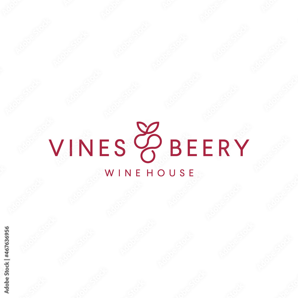 grape berry wine logo with mono line one line design vector template