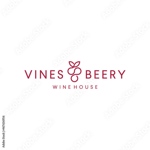 grape berry wine logo with mono line one line design vector template