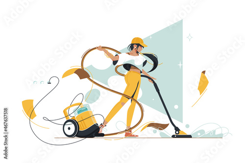 Fototapeta Girl using vacuum cleaner for cleaning