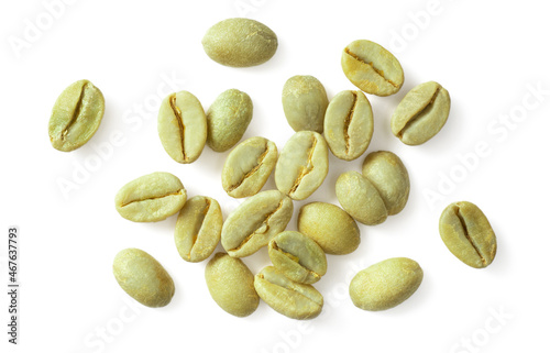 Dried green coffee beans isolated on white background, top view