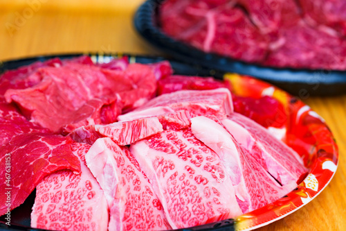 Japanese beef meat on dish photo
