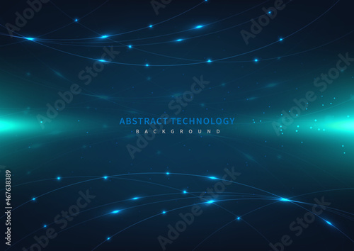 Abstract technology futuristic digital concept laser curved lines pattern with lighting glowing particles on dark blue background.