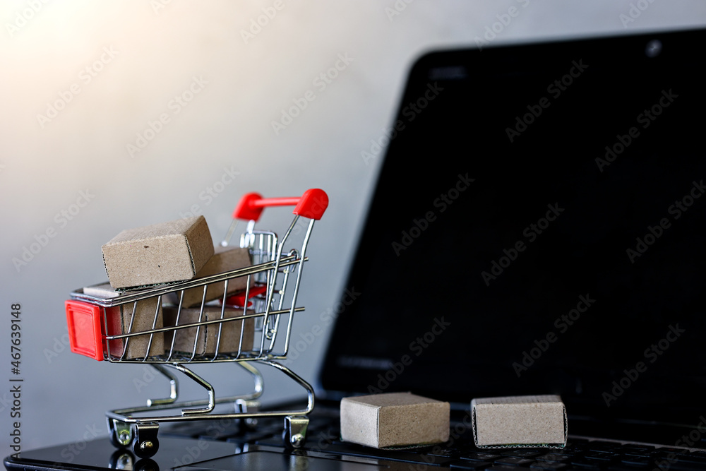 Shopping online and delivery concepts.
Product package boxes in shopping cart with laptop computer on wooden table.