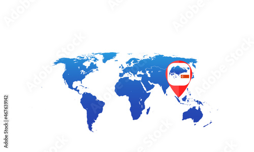 Singapore world map location with a flag pin