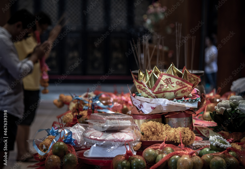 Bangkok, Thailand - 27 Oct 2019 : Table for pay respects to god, Chinese pay respect. Bangkok, Thailand - 27 Oct 2019 : Table for pay respects to god, Chinese pay respect.