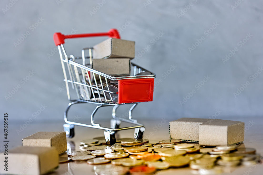 Product package boxes in shopping cart with coin spilling on table. Investment or business development concept.