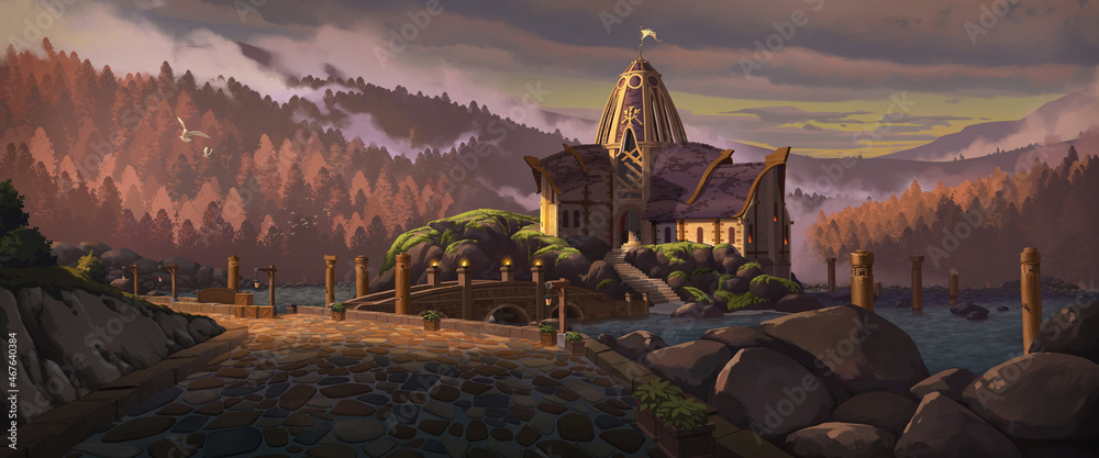 Naklejka premium A digital illustration of the journey around medieval fantasy church with an old stone bridge on tranquil lake under a beautiful sunrise sky scenery.