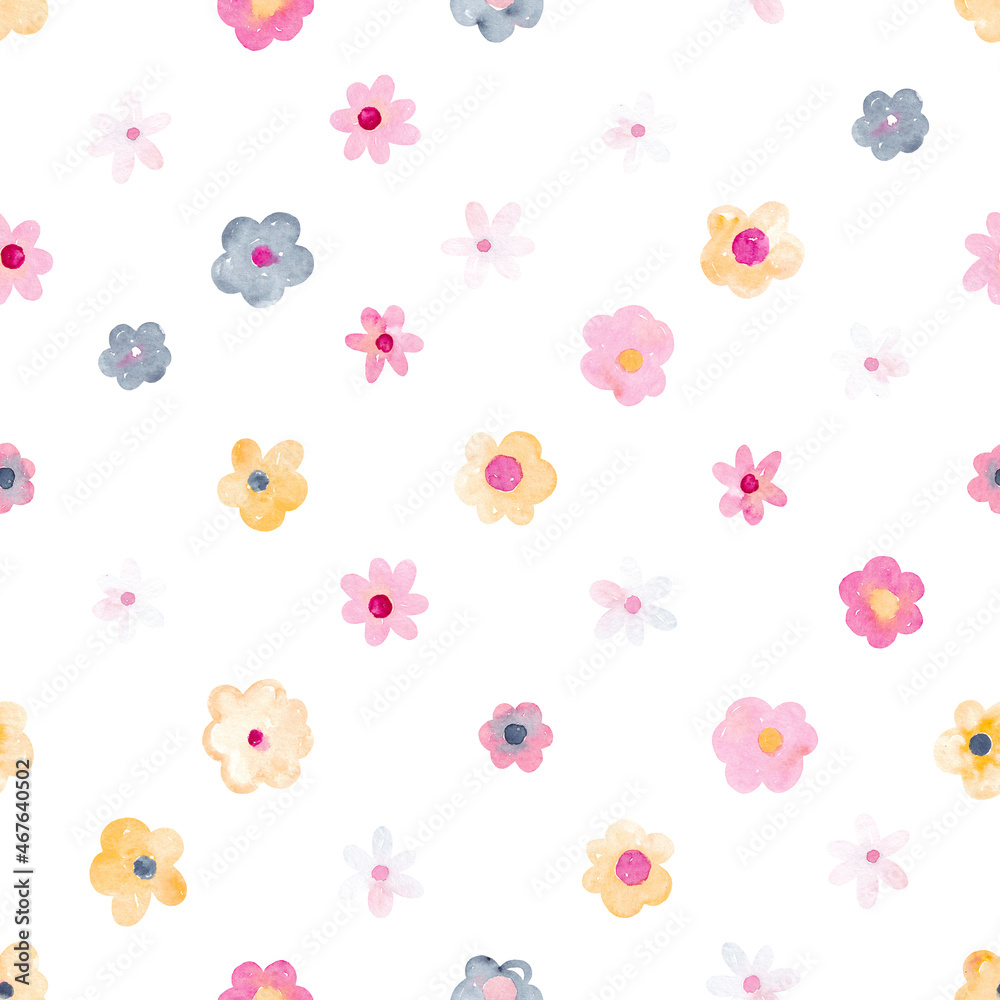 Watercolor seamless pattern with cute flowers. Perfect for fabric, textile, apparel. Cute seamless pattern. Great for nursery fabric, textile.