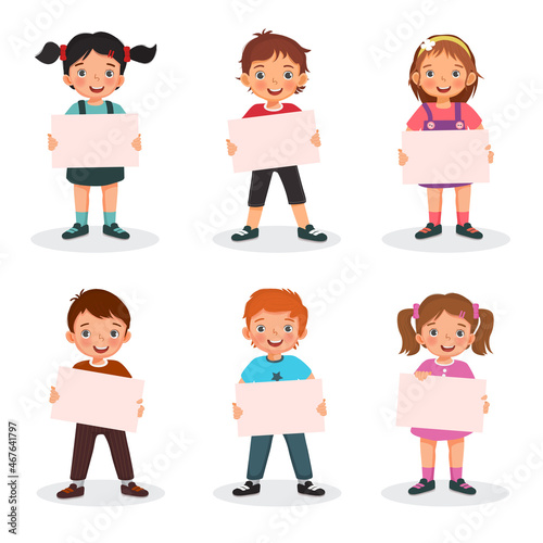 Group of happy children holding blank sheet of papers or posters. Vector of boys and girls showing board signs or placard with empty space templates for text, banners and ads.