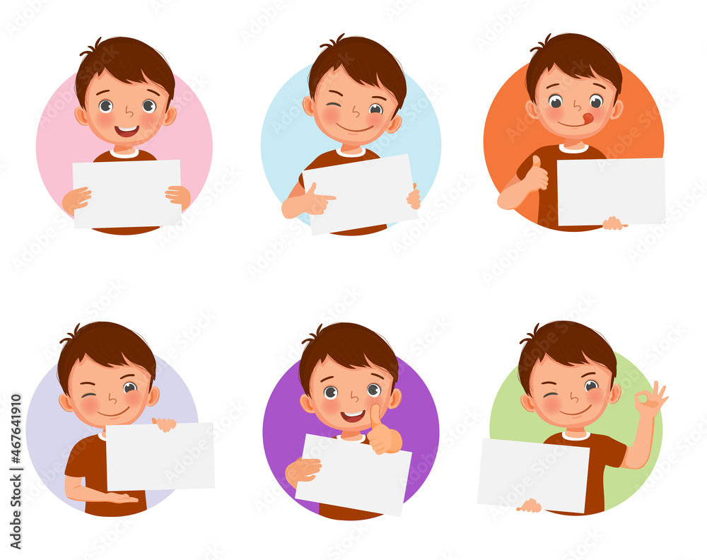 Cute little boy holding blank placard or poster in various facial expressions and hand gestures, include like, thumb up, finger pointing. Board sign with empty space templates for banner, ads design. Cute little boy holding blank placard or poster in various facial expressions and hand gestures, include like, thumb up, finger pointing. Board sign with empty space templates for banner, ads design.