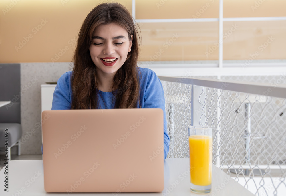 Attractive young woman in a blue sweater works at a laptop in a cafe.