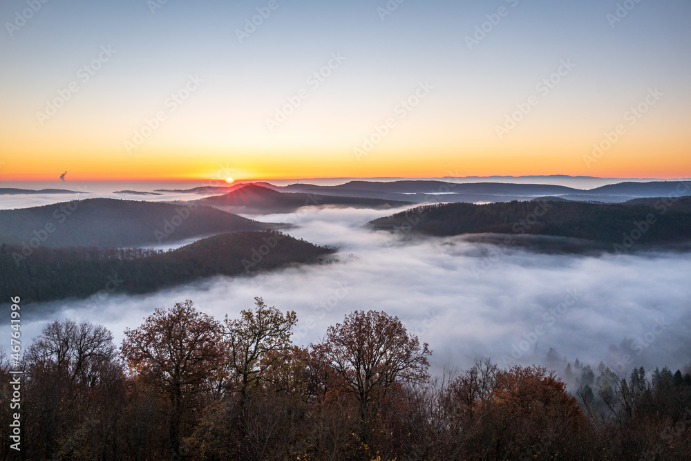 fog in the valleys at sunrise