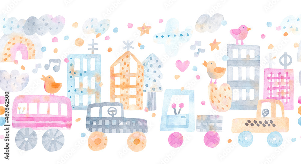 Watercolor city. Cute seamless pattern. Children's horizontal poster. Repeating banner. Watercolor illustration.