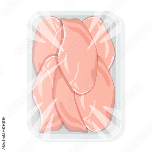 Fillet of chicken in the tray package. Chicken breast on the container. Vector illustration