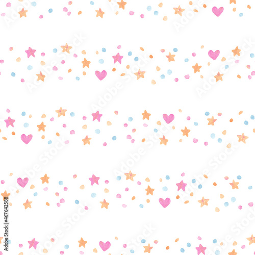 Watercolor background. Childish seamless pattern of colored spots, stars and hearts. Perfect for fabric, textile, wallpaper.
