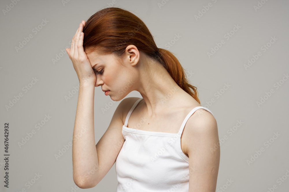 woman headache health problems stress light background woman headache health problems stress light background