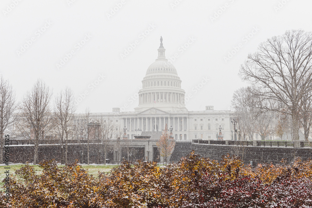United States Capitol in blizzard - Washington DC in winter time.