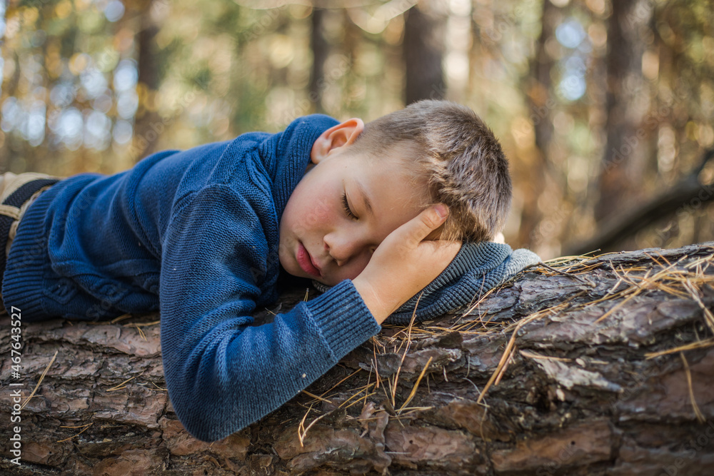 Boy backpacker sleeping on the log in nature , Relax time on holiday concept travel,selective and soft focus,tone of hipster style Boy backpacker sleeping on the log in nature , Relax time on holiday concept travel,selective and soft focus,tone of hipster style