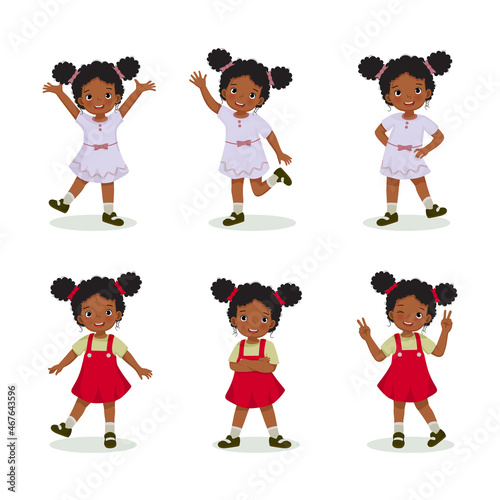 little African girl with hands and legs gestures in different standing poses, such as raising hands, waving, hand on the hip, crossed arm and standing with one leg.