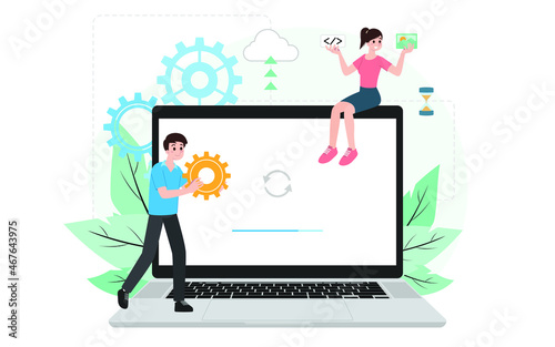 IT administrator with software upgrade process on laptop. Digital system device administration, network upkeeping, computer systems configuration concept. System maintenance application vector.
