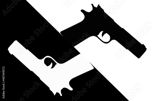 flat illustration using two colors, the object is two weapons with opposite colors meaning there are two conflicting parties with opposite goals