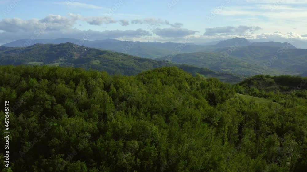 Aerial Scenic Shot Of Natural Rock Formations, Drone Flying Over Green Trees On Landscape - Apennine Mountains, Italy Aerial Scenic Shot Of Natural Rock Formations, Drone Flying Over Green Trees On Landscape - Apennine Mountains, Italy