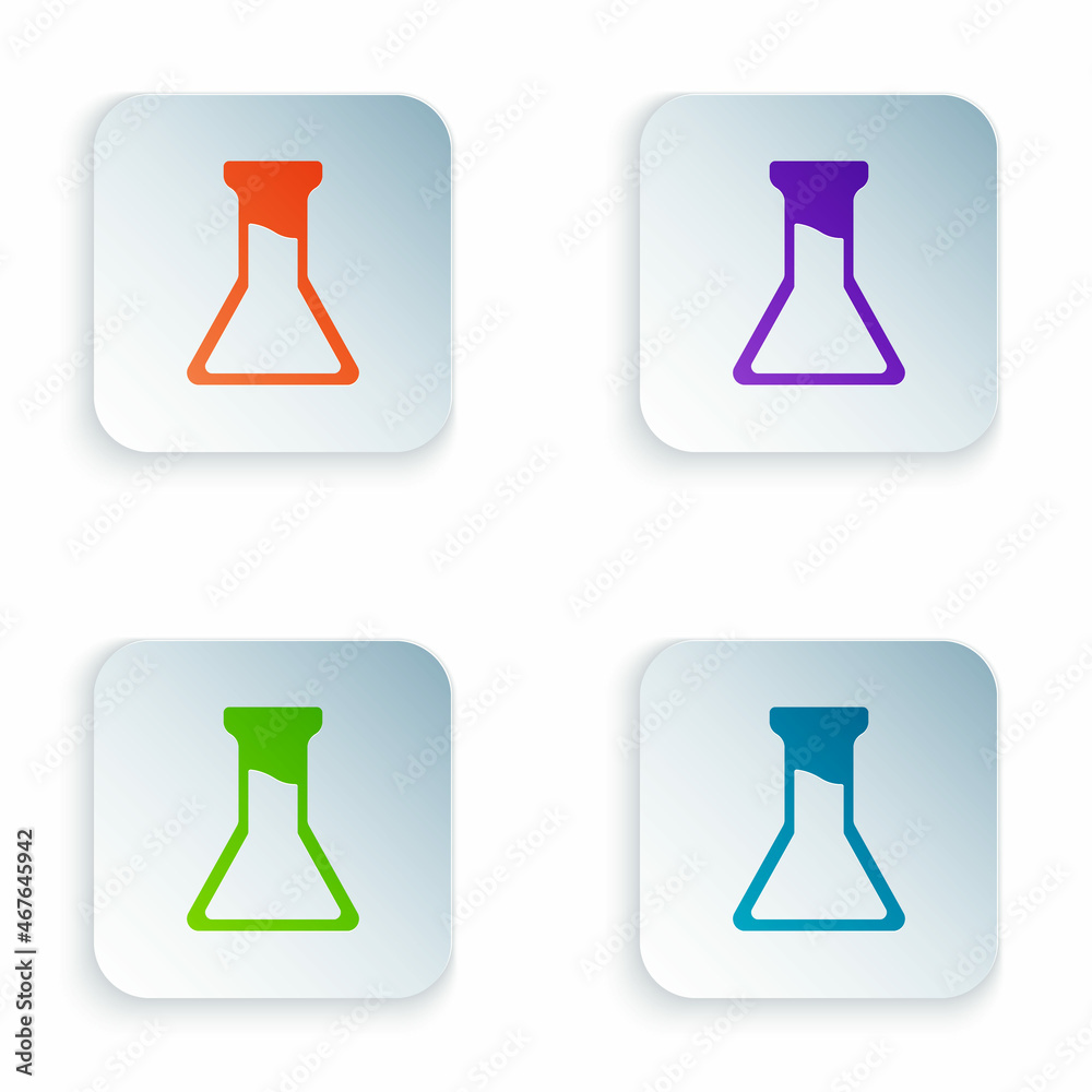 Color Test tube and flask icon isolated on white background. Chemical laboratory test. Laboratory glassware. Set colorful icons in square buttons. Vector