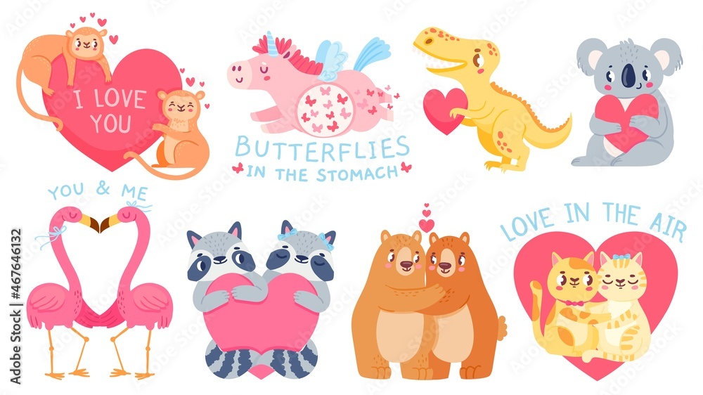 Valentines day animal couples. Cute unicorn with butterflies, cats, bears, koala and flamingo in love. Cartoon animals hold heart vector set