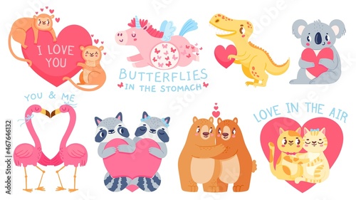 Valentines day animal couples. Cute unicorn with butterflies  cats  bears  koala and flamingo in love. Cartoon animals hold heart vector set