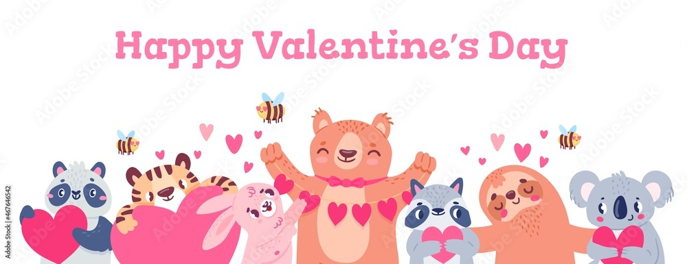 Valentines day banner with animals. Design with cute bear, panda, koala, bees and bunny holding hearts. Cartoon love holiday vector poster