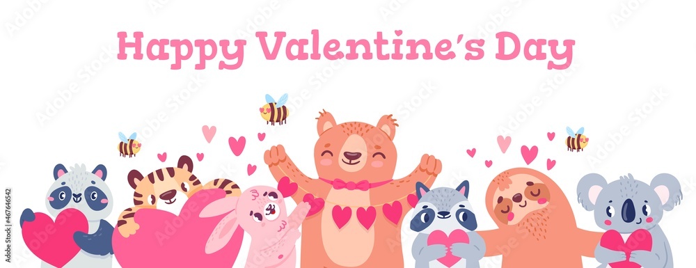 Valentines day banner with animals. Design with cute bear, panda, koala, bees and bunny holding hearts. Cartoon love holiday vector poster Valentines day banner with animals. Design with cute bear, panda, koala, bees and bunny holding hearts. Cartoon love holiday vector poster