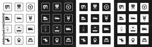 Set Steering wheel, Off road car, Cruise ship, Rv Camping trailer, Scooter, Train and railway, Bus and Surfboard icon. Vector