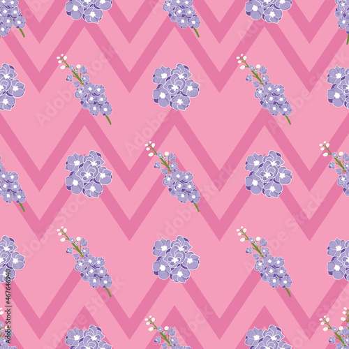 Delphinium flowers seamless vector pattern on pink zigzag stripes