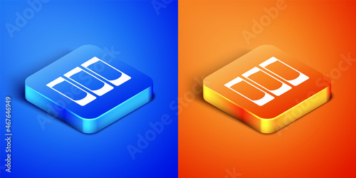 Isometric Shot glass icon isolated on blue and orange background. Square button. Vector