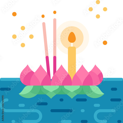 Loi Krathong festival flat icon vector illustration.Loi Krathong is a Thailand floating decorated basket annual festival to respect river spirit