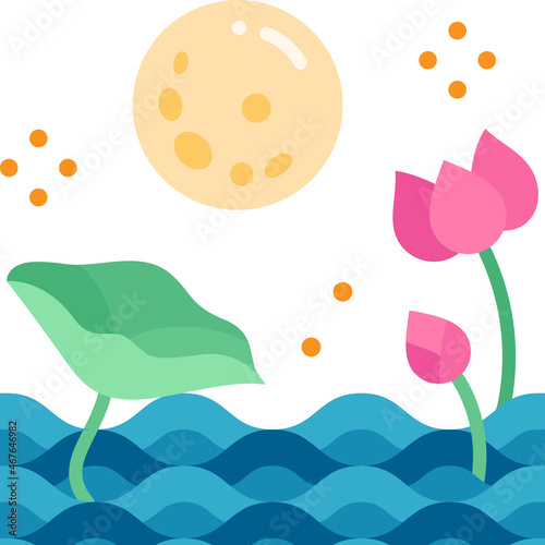 Full moon and lotus flower and leaf vector illustration scene for celebrate Loi Krathong festival. Loi Krathong is a Thailand floating decorated basket annual festival to respect river spirit