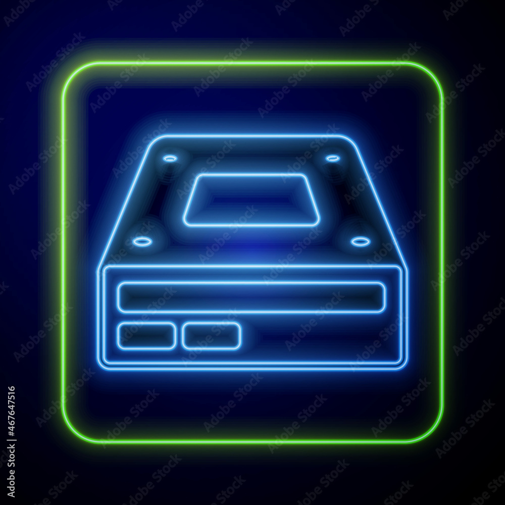 Glowing neon Optical disc drive icon isolated on blue background. CD DVD laptop tray drive for read and write data disc. Vector