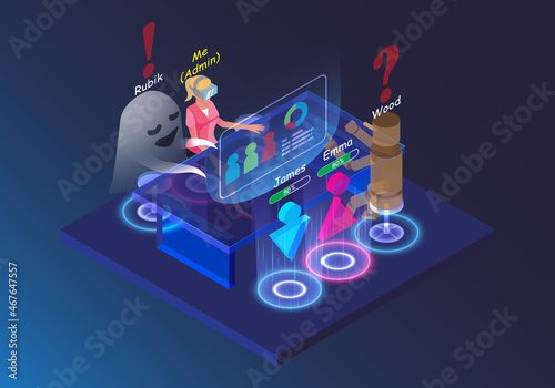 Funny cartoon character meeting online business group. Visual reality technology HUD and VR hologram chat. Isometric hi-tech 3D on background interface. Brainstorming on social media