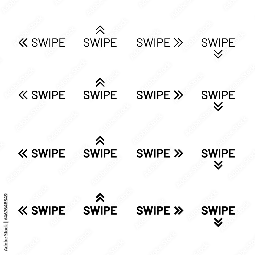 Swipe icon set with thin and thick line. Scroll right, left, up and down