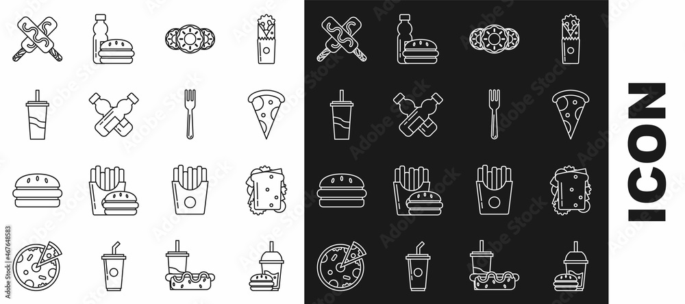 Set line Paper glass with drinking straw and burger, Sandwich, Slice of pizza, Donut sweet glaze, Crossed bottle water, Ice cream and Fork icon. Vector Set line Paper glass with drinking straw and burger, Sandwich, Slice of pizza, Donut sweet glaze, Crossed bottle water, Ice cream and Fork icon. Vector