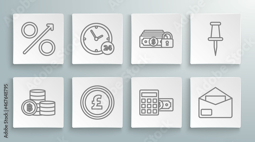 Set line Cryptocurrency coin Bitcoin, Clock 24 hours, Coin money with pound sterling symbol, Calculator dollar, Envelope, Money, Push pin and Percent up arrow icon. Vector